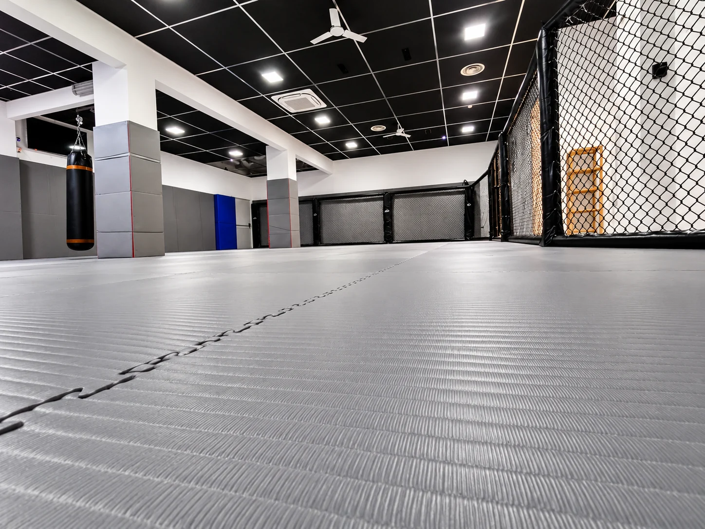 La sala con tatami e gabbia perimetrale del Torino Fighting Center